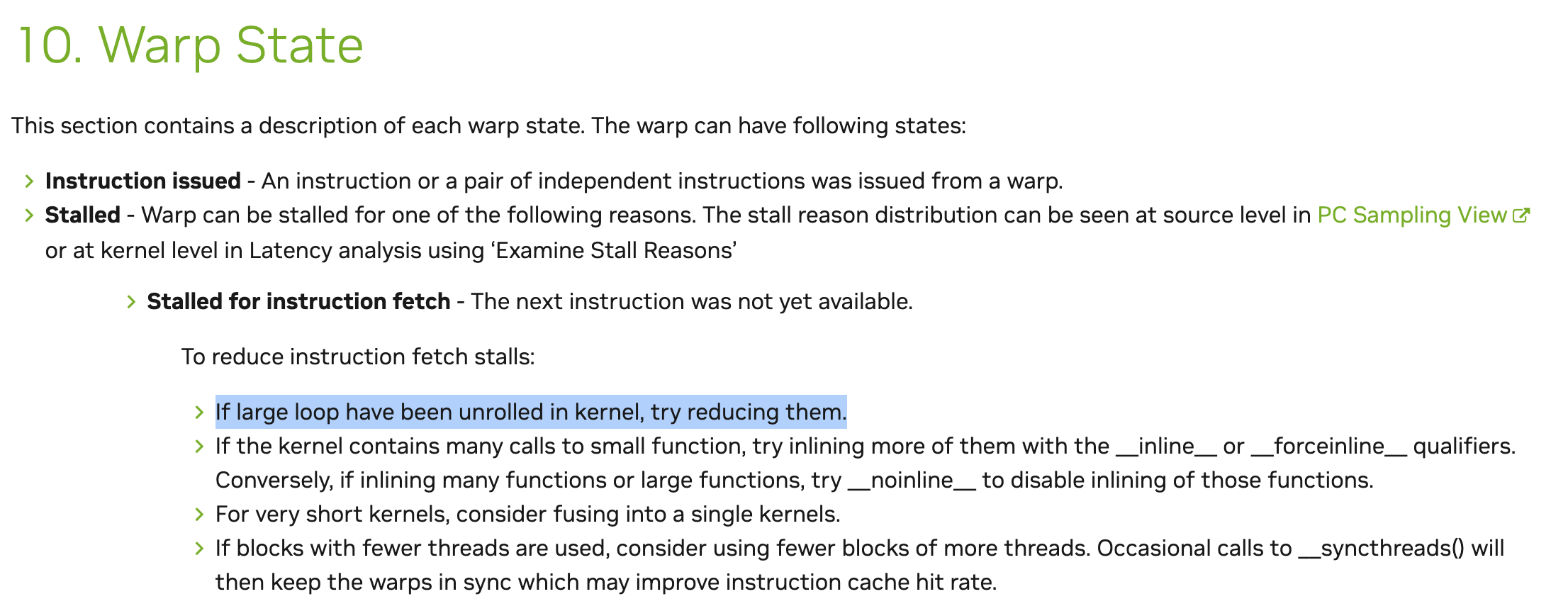NVIDIA documentation excerpt about pragma unroll and instruction cache